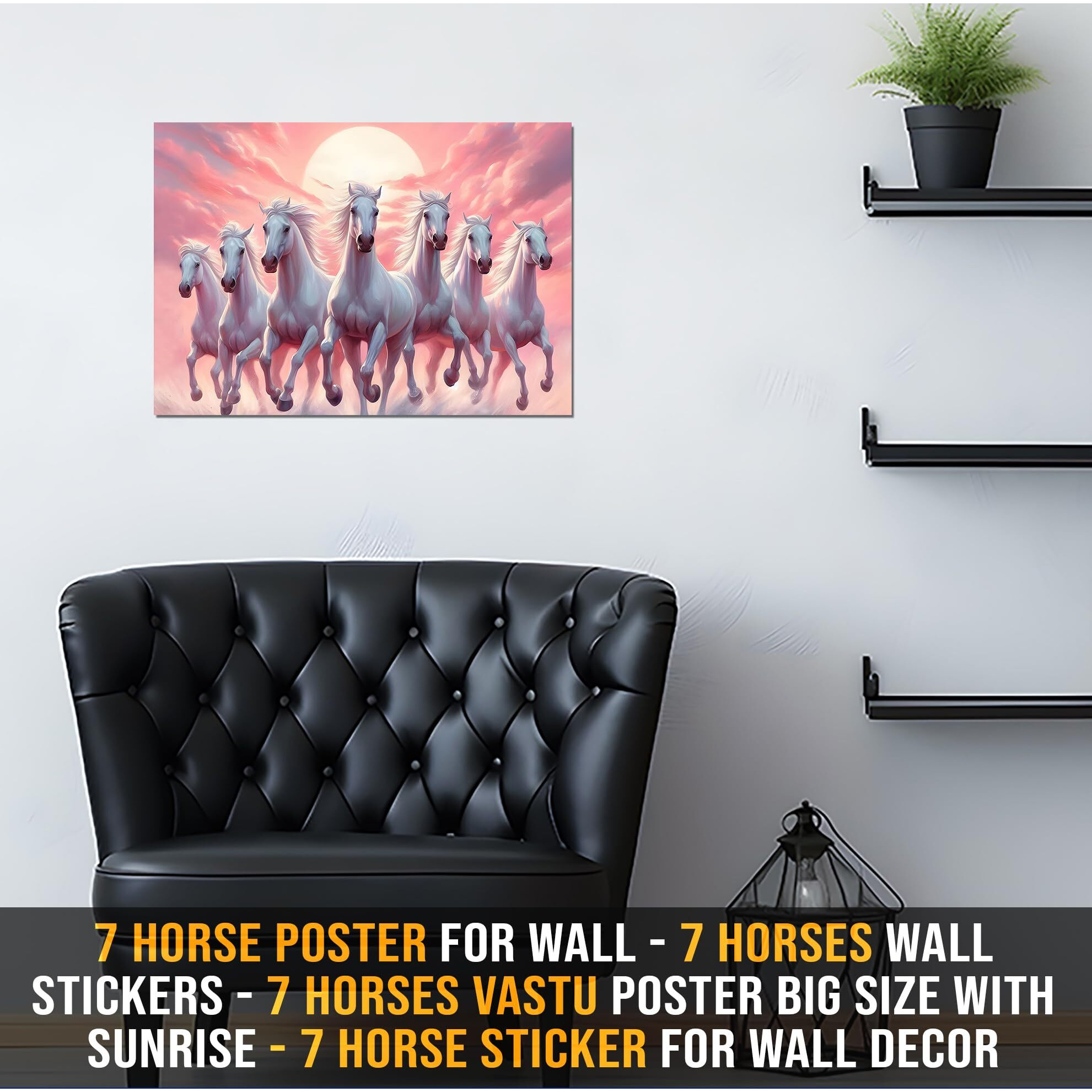 7 Horse Poster For Wall | 7 Horses Wall Stickers | 7 Horses Vastu Poster Big Size With Sunrise | 7 Horse Sticker For Wall Decor | Lucky 7 Horses Posters For Living Room Decoration (Peach Pink)