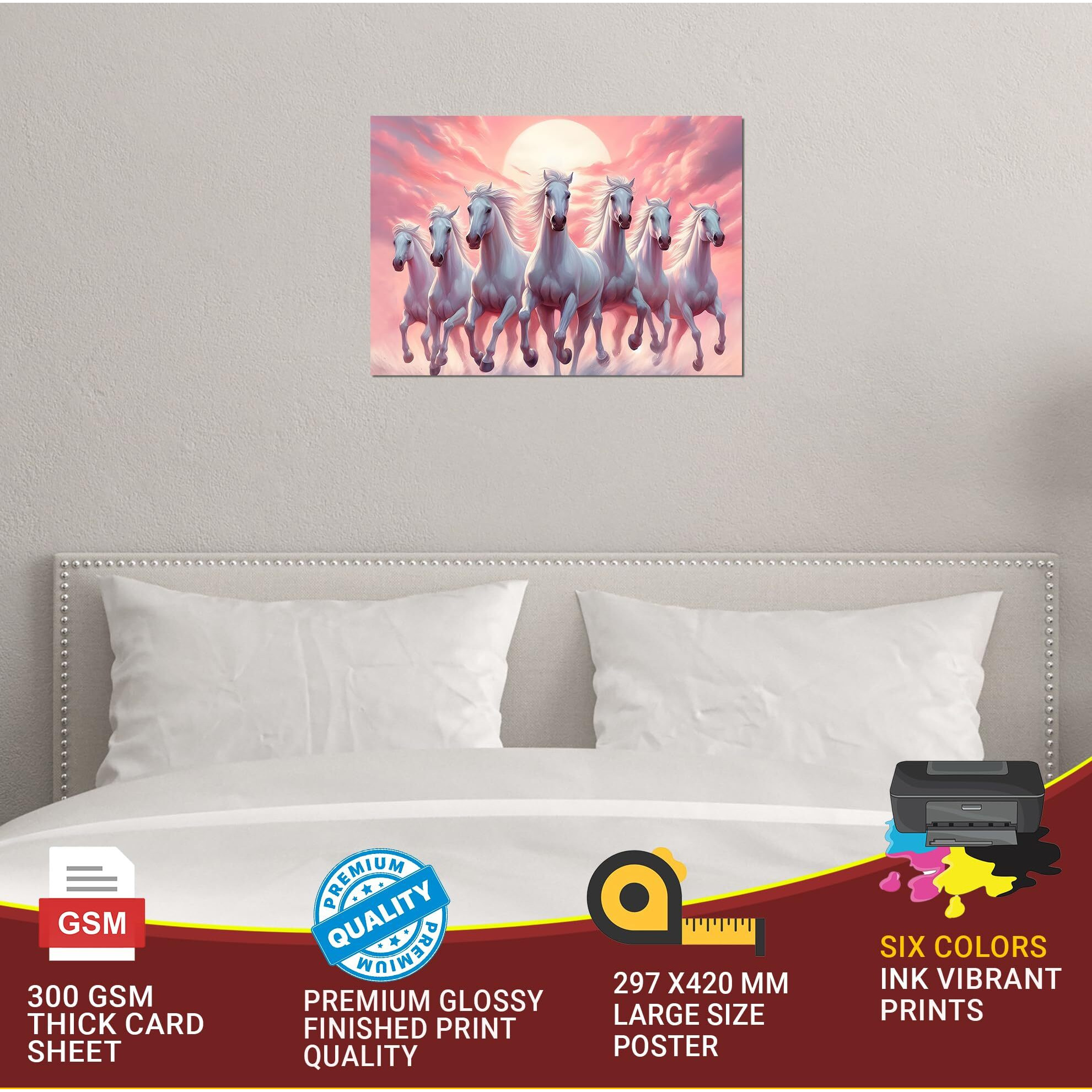 7 Horse Poster For Wall | 7 Horses Wall Stickers | 7 Horses Vastu Poster Big Size With Sunrise | 7 Horse Sticker For Wall Decor | Lucky 7 Horses Posters For Living Room Decoration (Peach Pink)