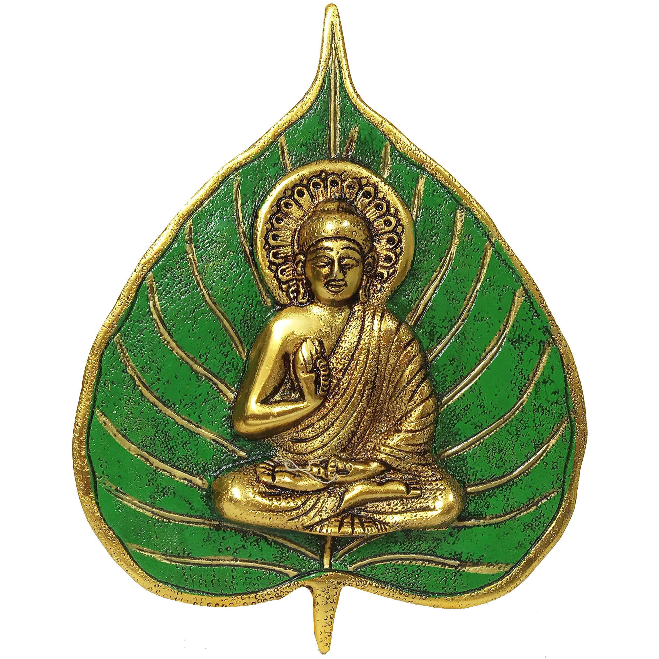 Purpledip Metal Wall Hanging Buddha Gold Finish Buddha Idol On Painted Leaf (12188)
