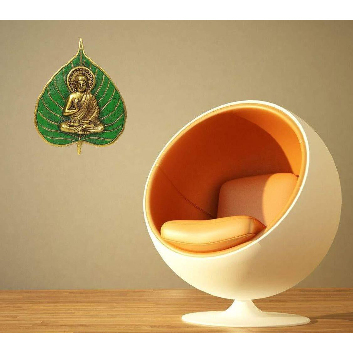 Purpledip Metal Wall Hanging Buddha Gold Finish Buddha Idol On Painted Leaf (12188)