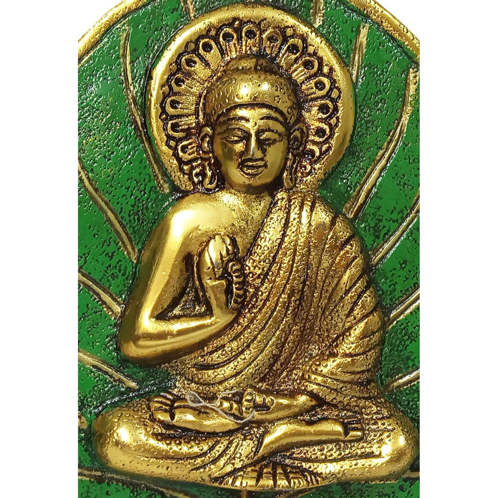 Purpledip Metal Wall Hanging Buddha Gold Finish Buddha Idol On Painted Leaf (12188)