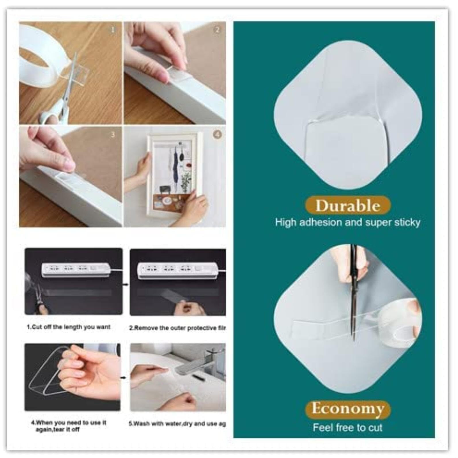 Nasby Double Sided Heavy Duty Tape - Adhesive Silicone Tape, Heavy Duty, Heat Resistant, Multi-Functional, Removable, Washable, Reusable Anti-Slip Tape (1 Mm, 3 Meter)(Nano Tape)