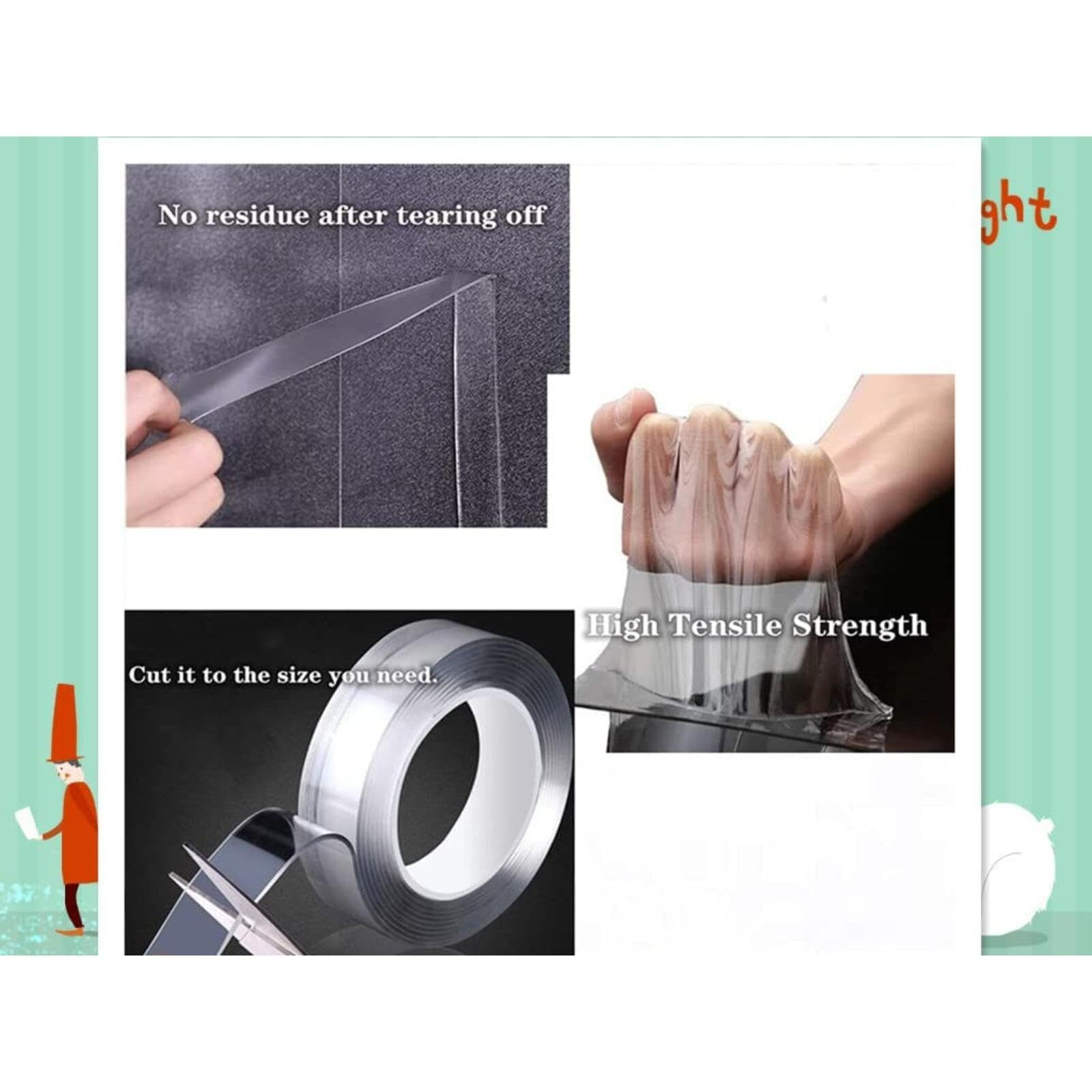 Nasby Double Sided Heavy Duty Tape - Adhesive Silicone Tape, Heavy Duty, Heat Resistant, Multi-Functional, Removable, Washable, Reusable Anti-Slip Tape (1 Mm, 3 Meter)(Nano Tape)