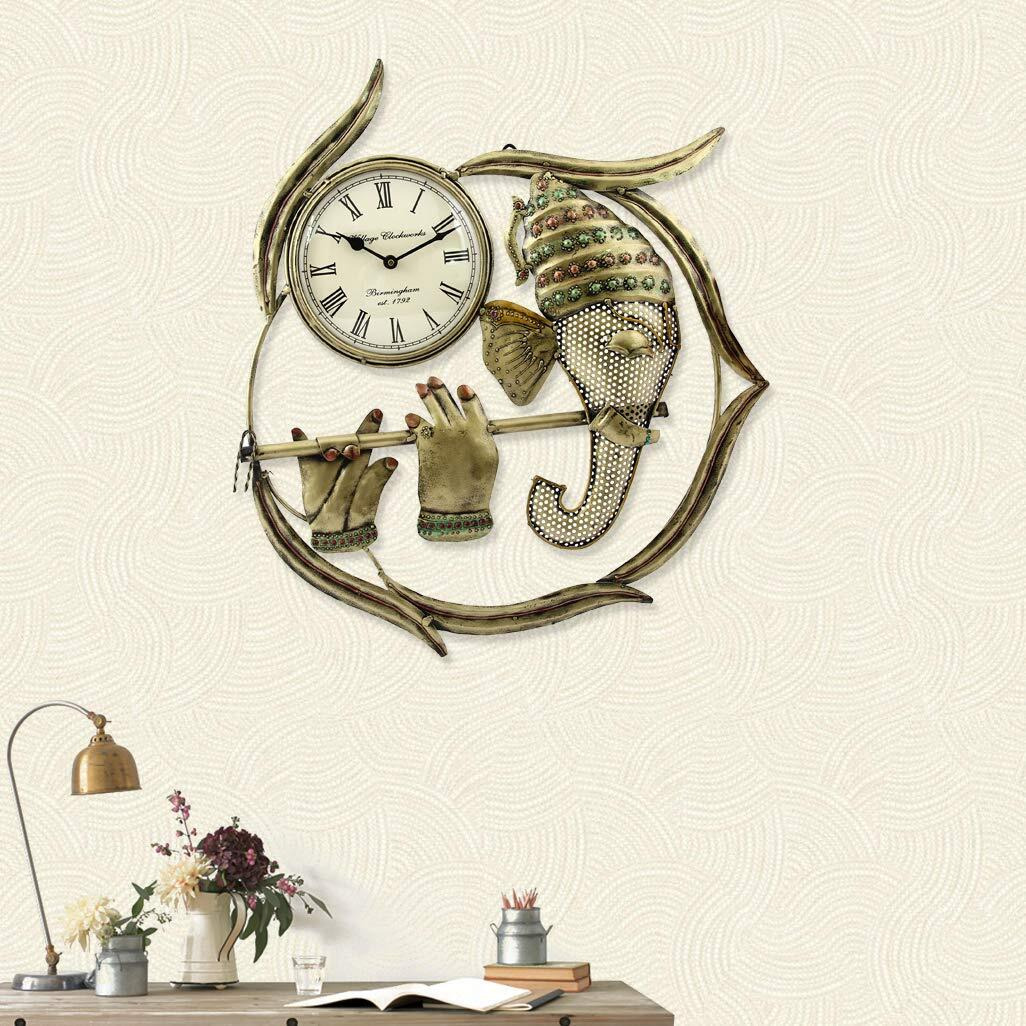 Handicrafts Paradise Wrought Iron Brown Ganesha Playing Flute Decorative Handmade Wall Clock Showpiece, 19 Inch