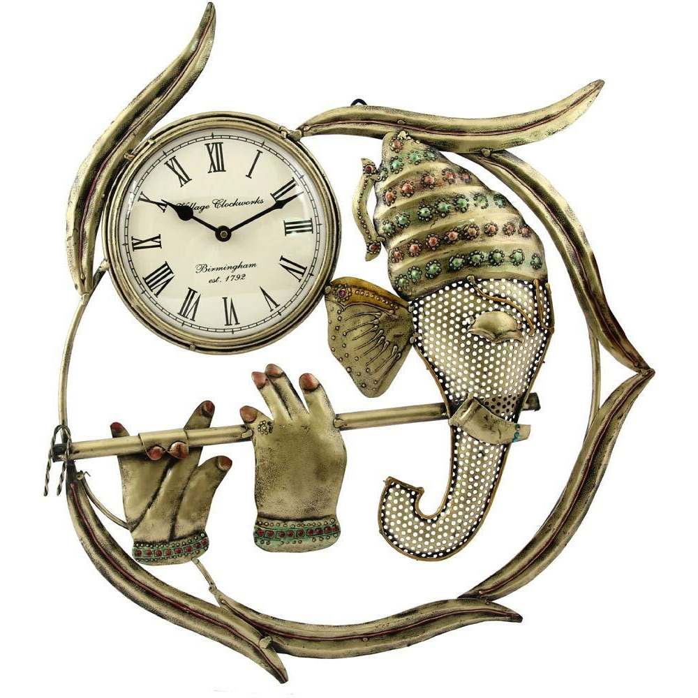 Handicrafts Paradise Wrought Iron Brown Ganesha Playing Flute Decorative Handmade Wall Clock Showpiece, 19 Inch