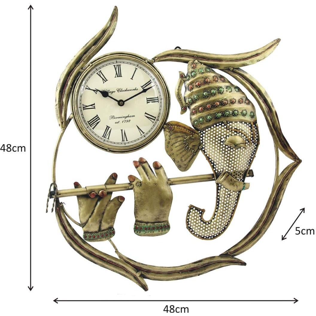 Handicrafts Paradise Wrought Iron Brown Ganesha Playing Flute Decorative Handmade Wall Clock Showpiece, 19 Inch