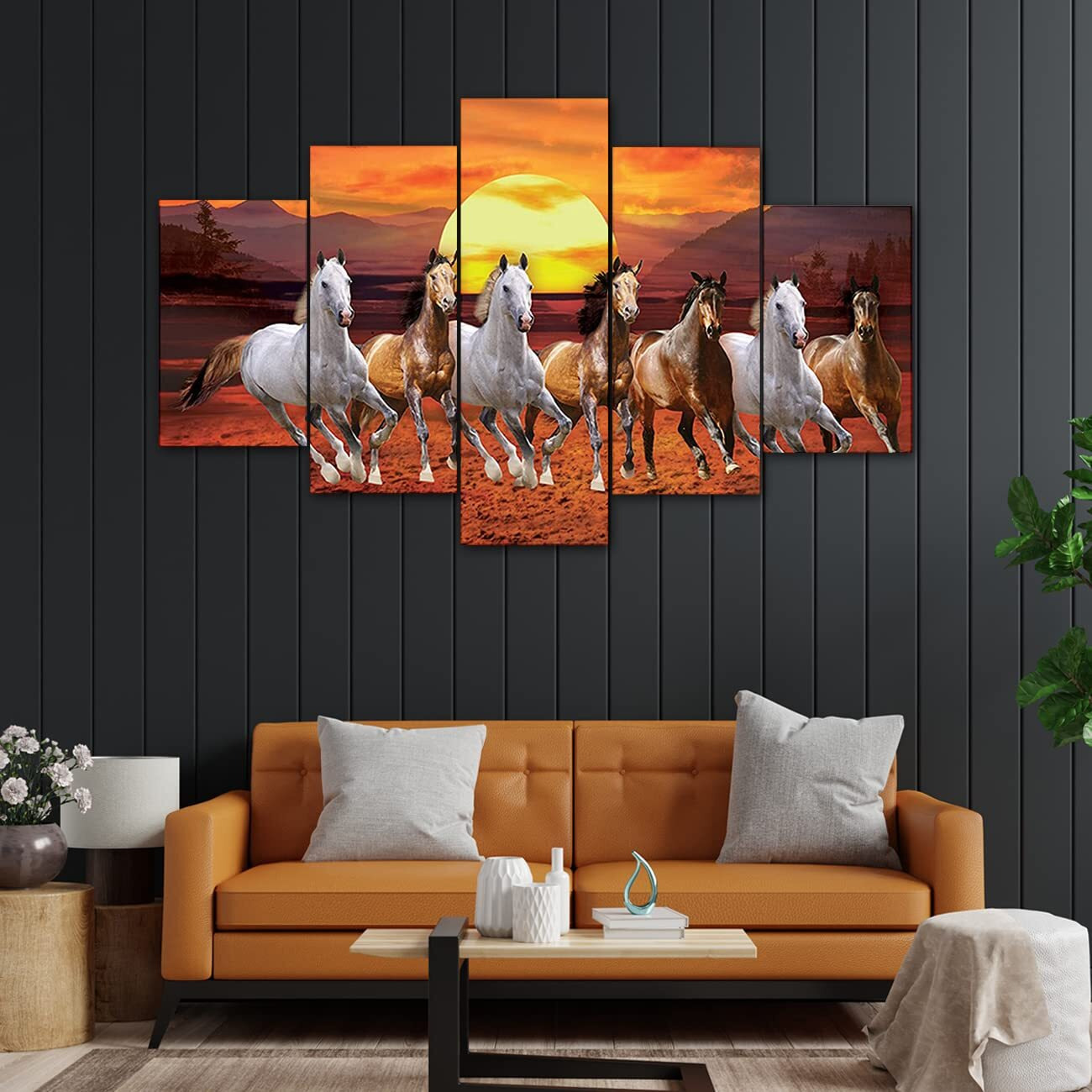 Perpetual 3D Wall Painting Set Of 5 | Painting For Wall Decoration |Seven Horses Vastu Painting With Frame For Living Room (75 X 43 Cm) - Multicolor, Wood