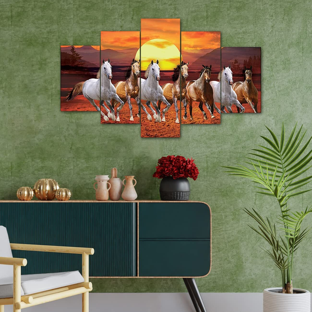 Perpetual 3D Wall Painting Set Of 5 | Painting For Wall Decoration |Seven Horses Vastu Painting With Frame For Living Room (75 X 43 Cm) - Multicolor, Wood