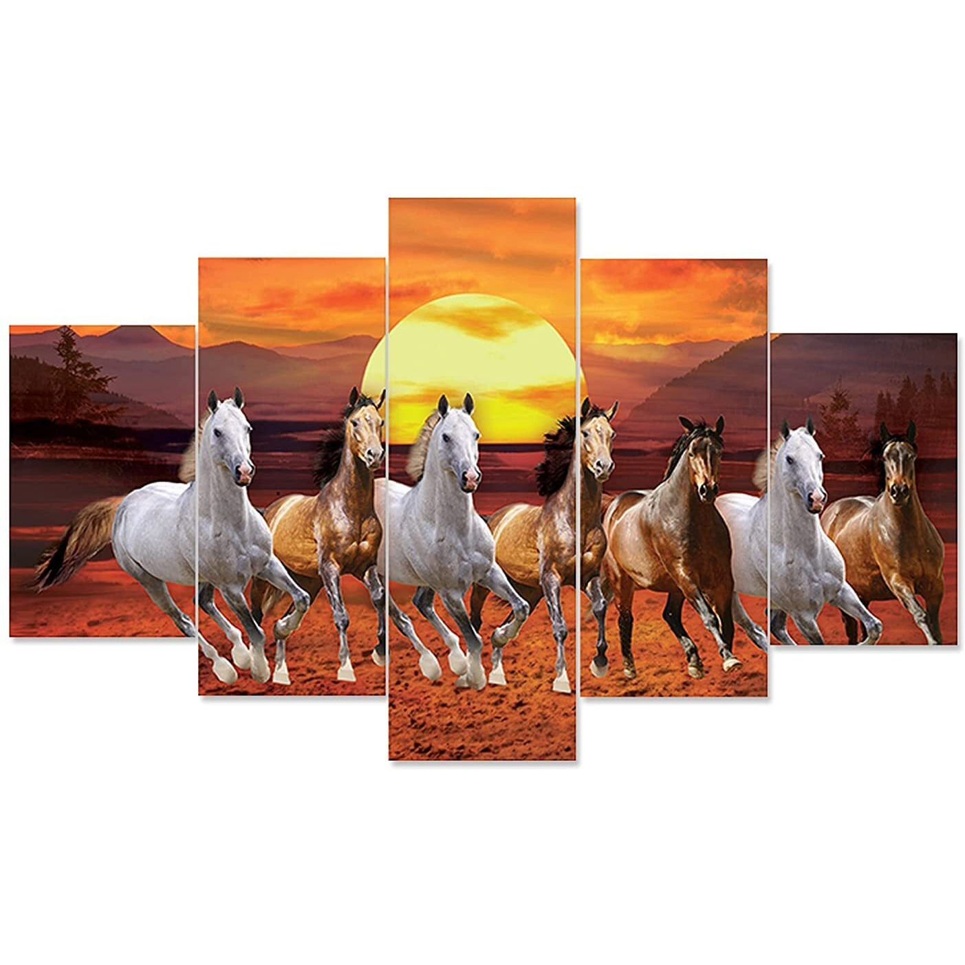 Perpetual 3D Wall Painting Set Of 5 | Painting For Wall Decoration |Seven Horses Vastu Painting With Frame For Living Room (75 X 43 Cm) - Multicolor, Wood