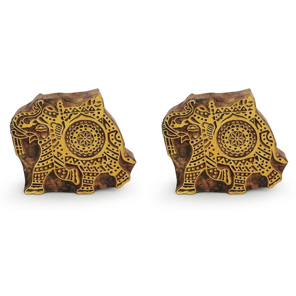 Exclusivelane 'Tusker' Hand Carved Sheesham Wood Blocks Wall Hanging (Medallion Yellow & Brown, 13.4 Cm X 2.7 Cm X 10.7 Cm)- Set Of 2