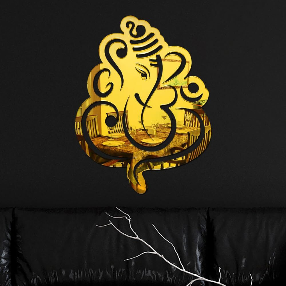 Inephos - Golden Acrylic Mirror Finish Ganesh Ji Wall Ideal For Living Room, Pooja Room And More (12In-L X 9In-W) (31Cm-L X 23Cm-W)