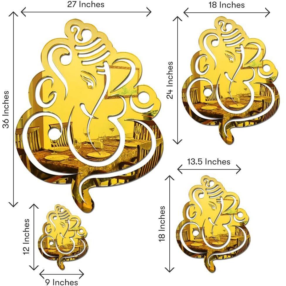 Inephos - Golden Acrylic Mirror Finish Ganesh Ji Wall Ideal For Living Room, Pooja Room And More (12In-L X 9In-W) (31Cm-L X 23Cm-W)