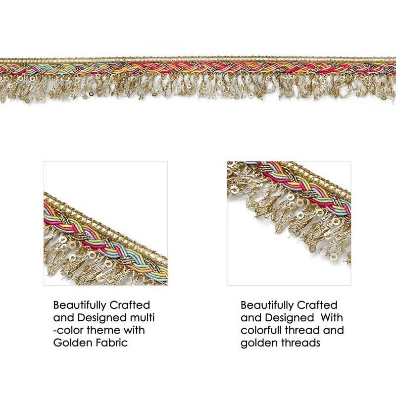 Dasync Multicolor Lace Border For Saree Jhallar Lace Kiran Fringe Zhallar Latkan Tassel Colourful Lace Border 9 Meter Lace Border For Saree 9 Mtrs Designer Bridal Lehenga Gowns Dupatta Dresses Suits Chunni