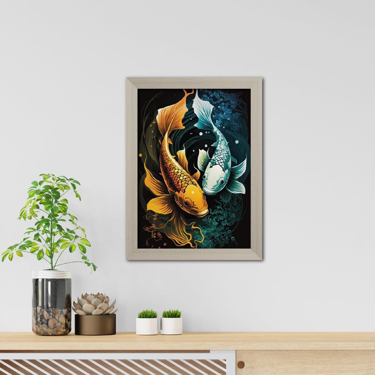 Tenorarts Feng Shui Koi Fish Lucky Photo Frame Abstract Modern Art Framed Aesthetic Wall Painting With White Wooden Texture For Living Rooms Bedroom Office - Wall Paintings / Hangings (12Inches X 9Inches)