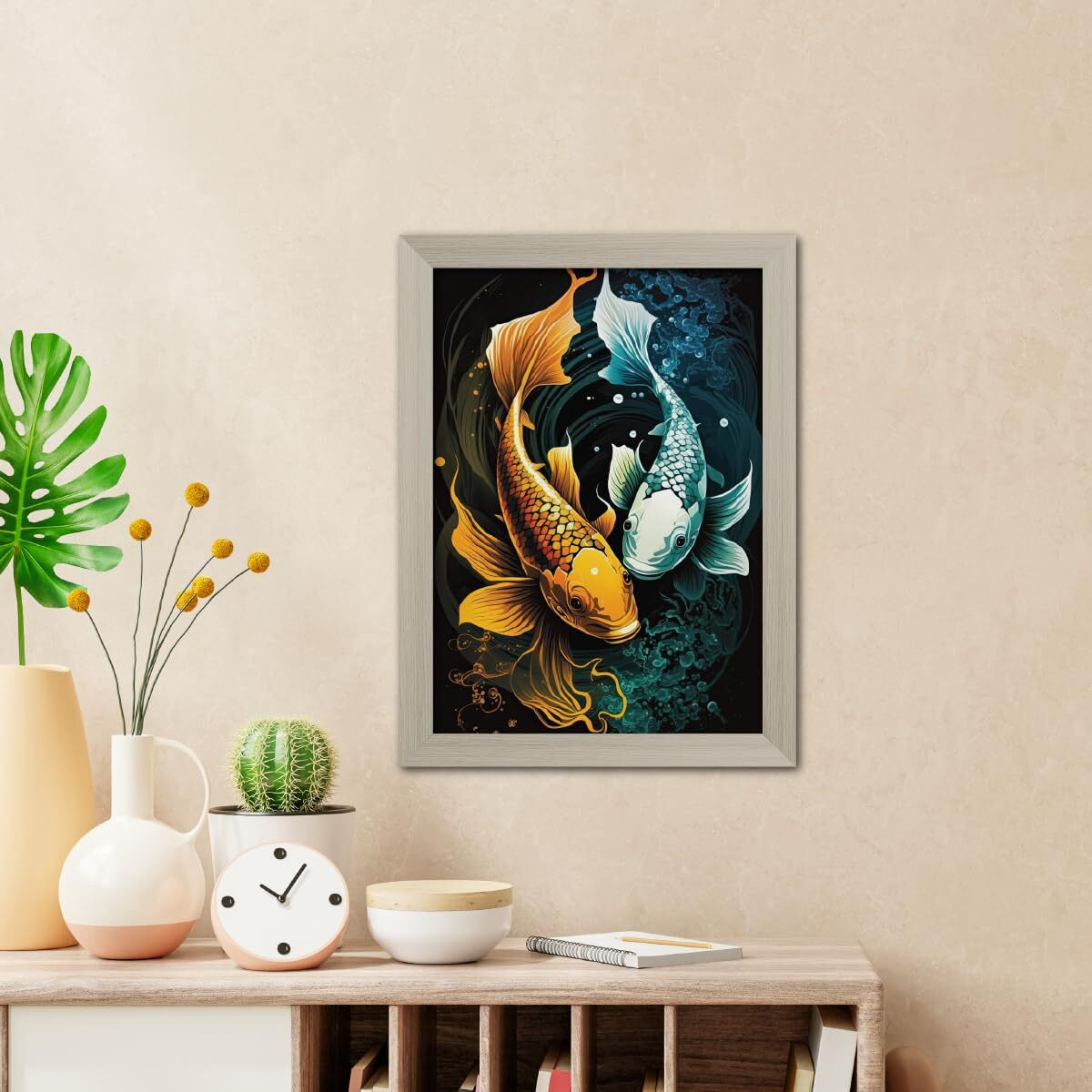 Tenorarts Feng Shui Koi Fish Lucky Photo Frame Abstract Modern Art Framed Aesthetic Wall Painting With White Wooden Texture For Living Rooms Bedroom Office - Wall Paintings / Hangings (12Inches X 9Inches)
