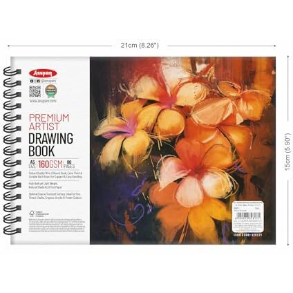 Anupam A5 Premium Artist Drawing Book Acid-Free Ph Natural Optimal Shade Paper Cartridge Paper 140Gsm Wireo Lay-Flat Design Book For Marker Colored Pencil Charcoal Pastel (40 Sheet, 80 Pages)