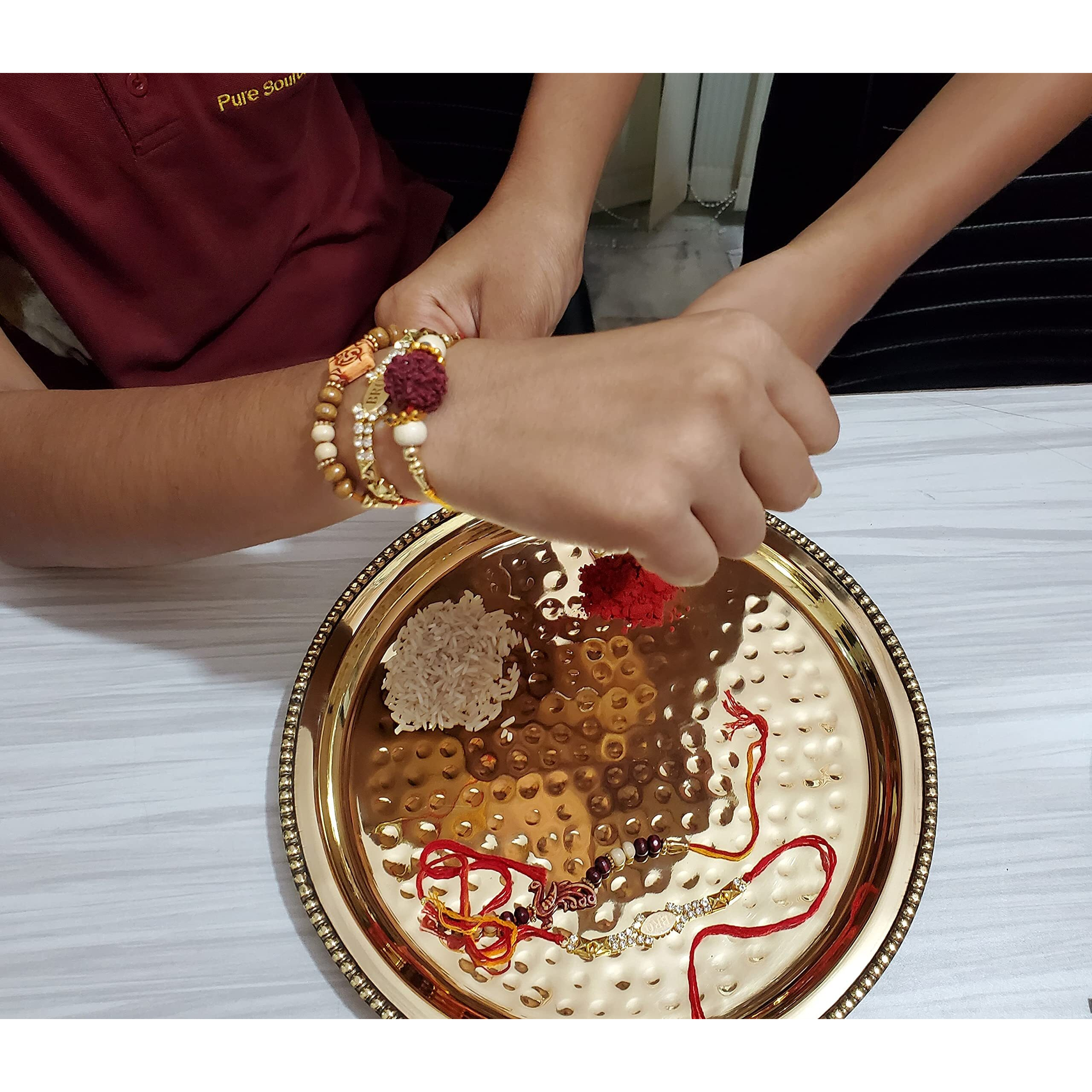 Pure Source India Set Of 5 Designer Rakhi For Brother On Rakshabandhan With Brass Pooja Plate, Multicolor