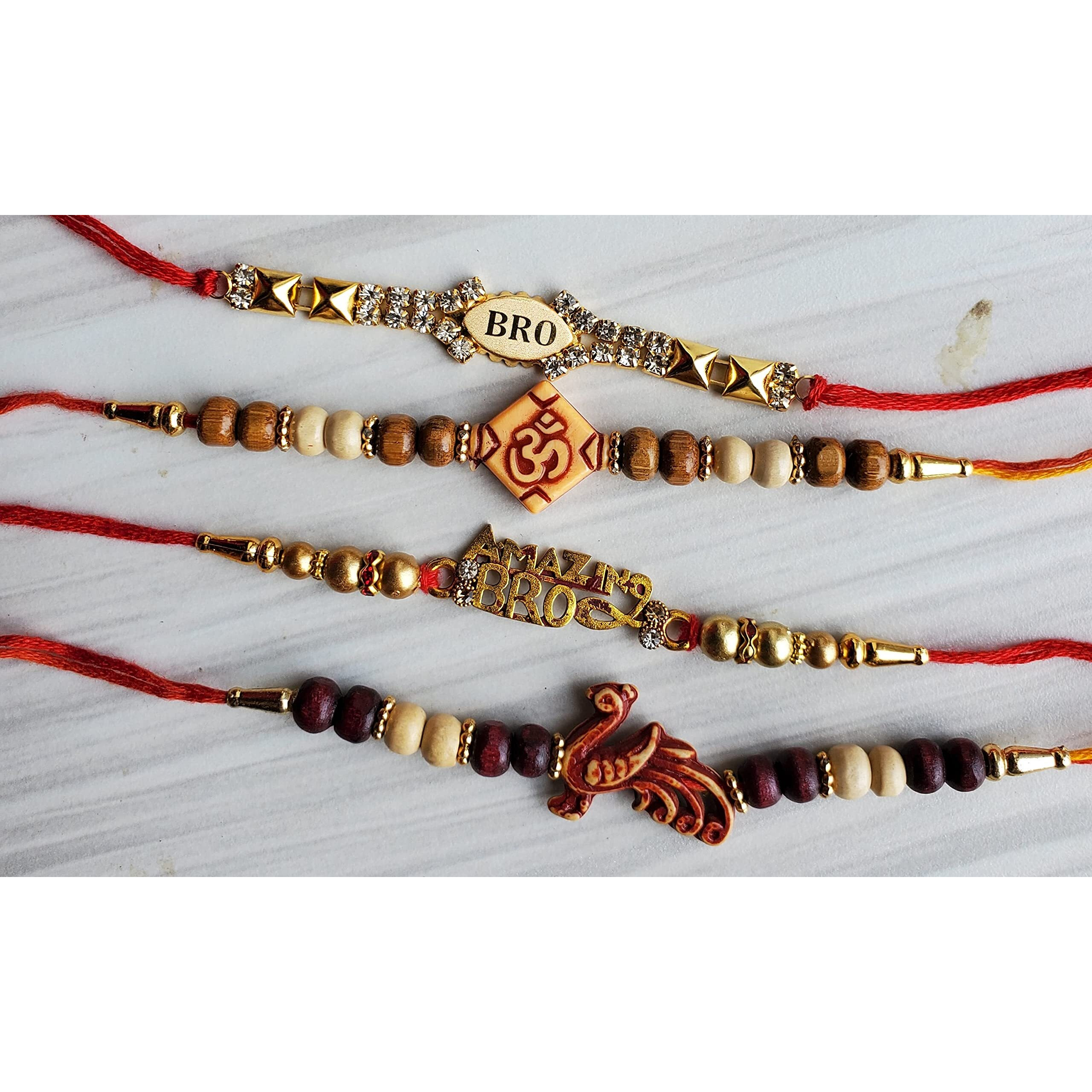 Pure Source India Set Of 5 Designer Rakhi For Brother On Rakshabandhan With Brass Pooja Plate, Multicolor