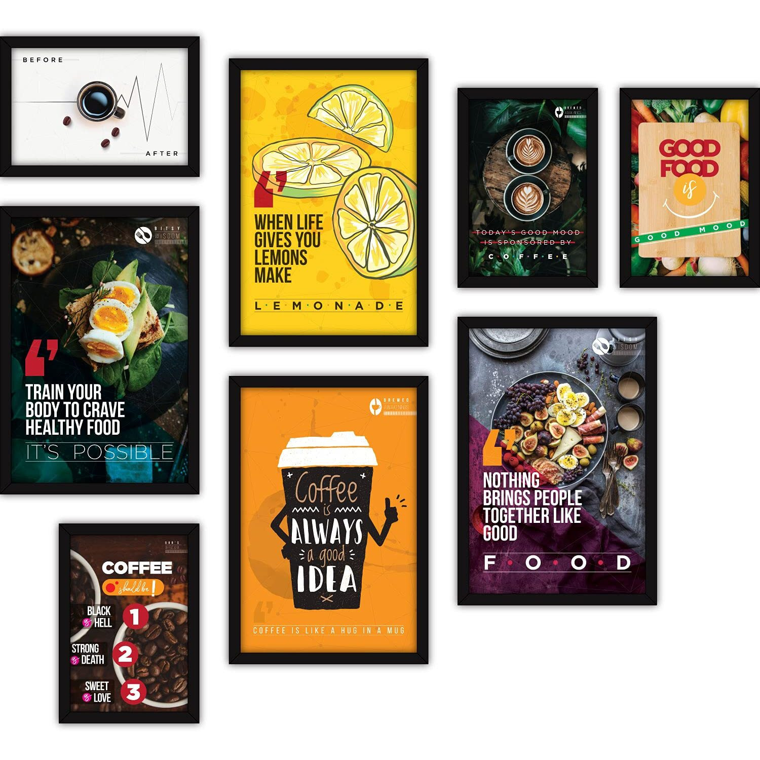 Fatmug Glass Food Quote Posters Framed Wall Paintings (Multicolour, Four A4 And Four A3 Frames) - Set Of 8