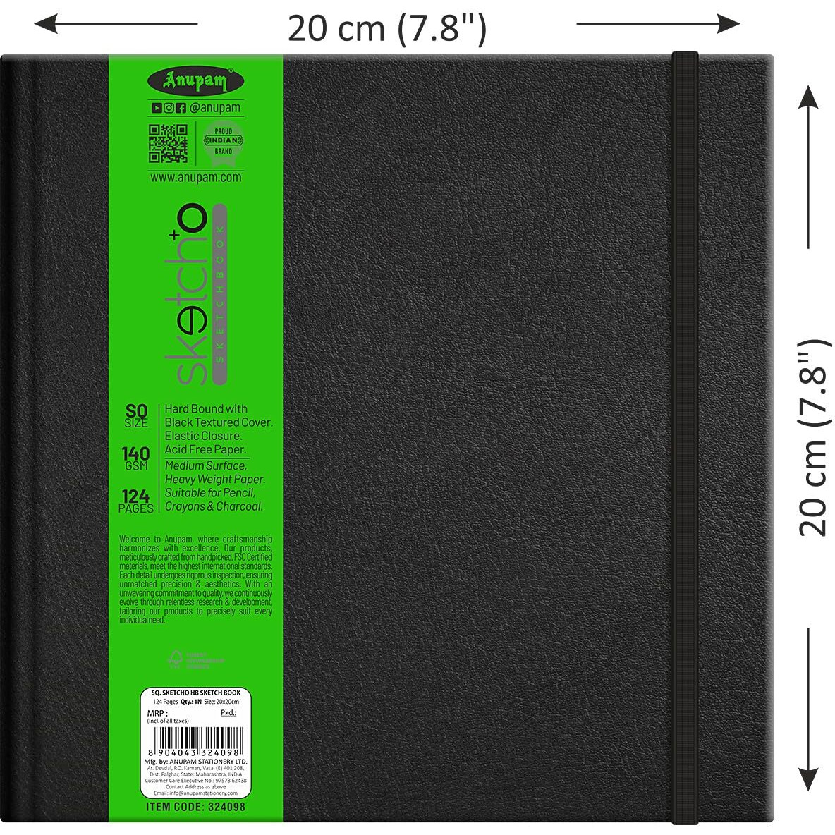Anupam Sketcho Sketch Book Hardbound Square Drawing Notebook Acid Free Paper Elastic Clouser For Artists Students -124 Pages 140 Gsm