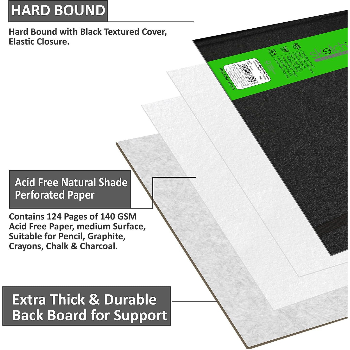 Anupam Sketcho Sketch Book Hardbound Square Drawing Notebook Acid Free Paper Elastic Clouser For Artists Students -124 Pages 140 Gsm