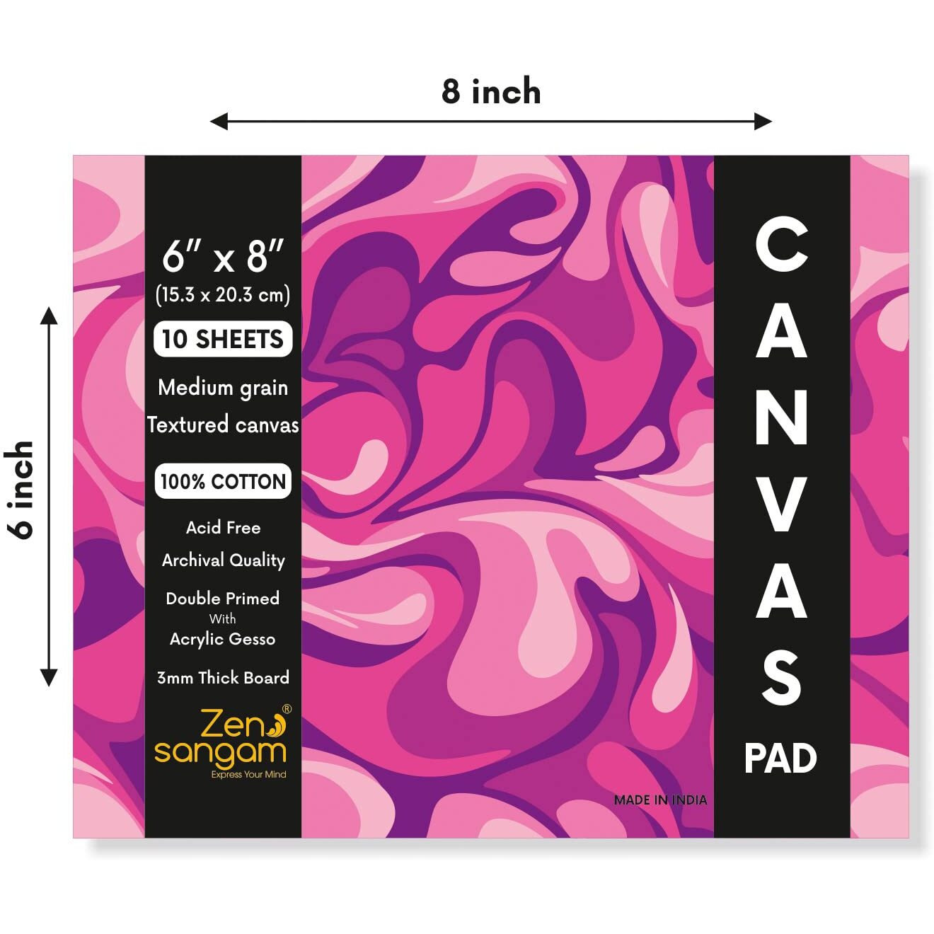 Zen Sangam Artists Canvas Pad - 100% Cotton Double Gesso Primed - Size (6X8 Inch) 10 Sheets Canvas Pad - For Acrylics, Tempera, Poster Paints, Heavybody Paints, Oil Paints, Gouache - Premium Finish
