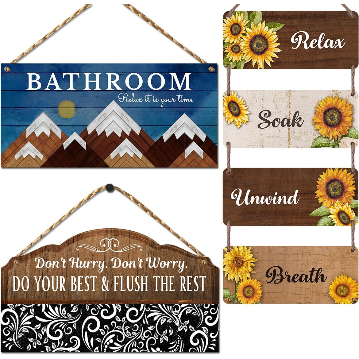 Chaka Chaundh - Bathroom Etiquette And Rules Framed Posters With Quotes (Set Of 3 Wood Botanical Plaques)