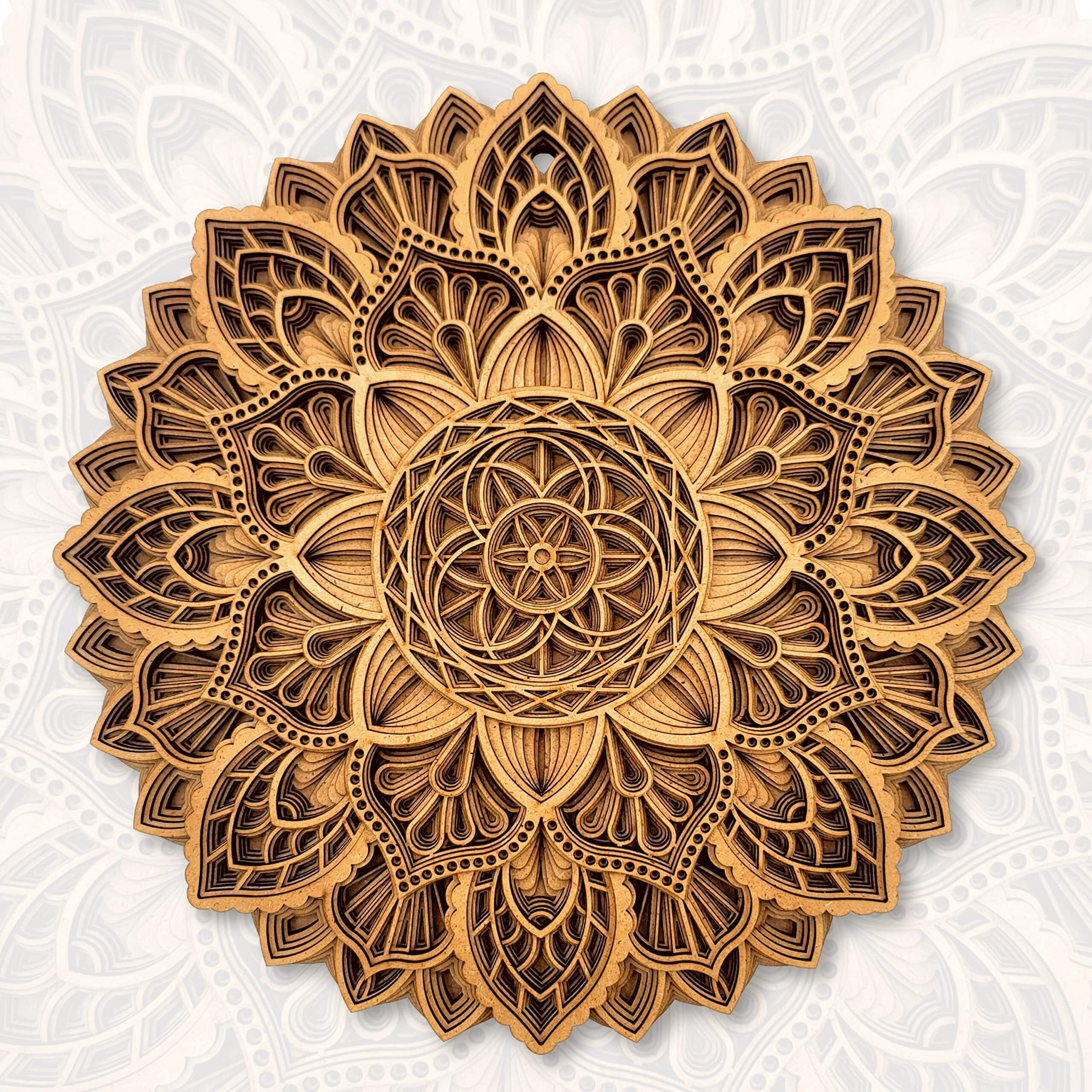 Gloridec Wooden 3D Laser Cut Decorative Mandala Wall Decor | Decorative Multi Layered Round Mandala Wall Art, Living Room Wall Hanging (Flower Mandala) (12" X 12" Inch)