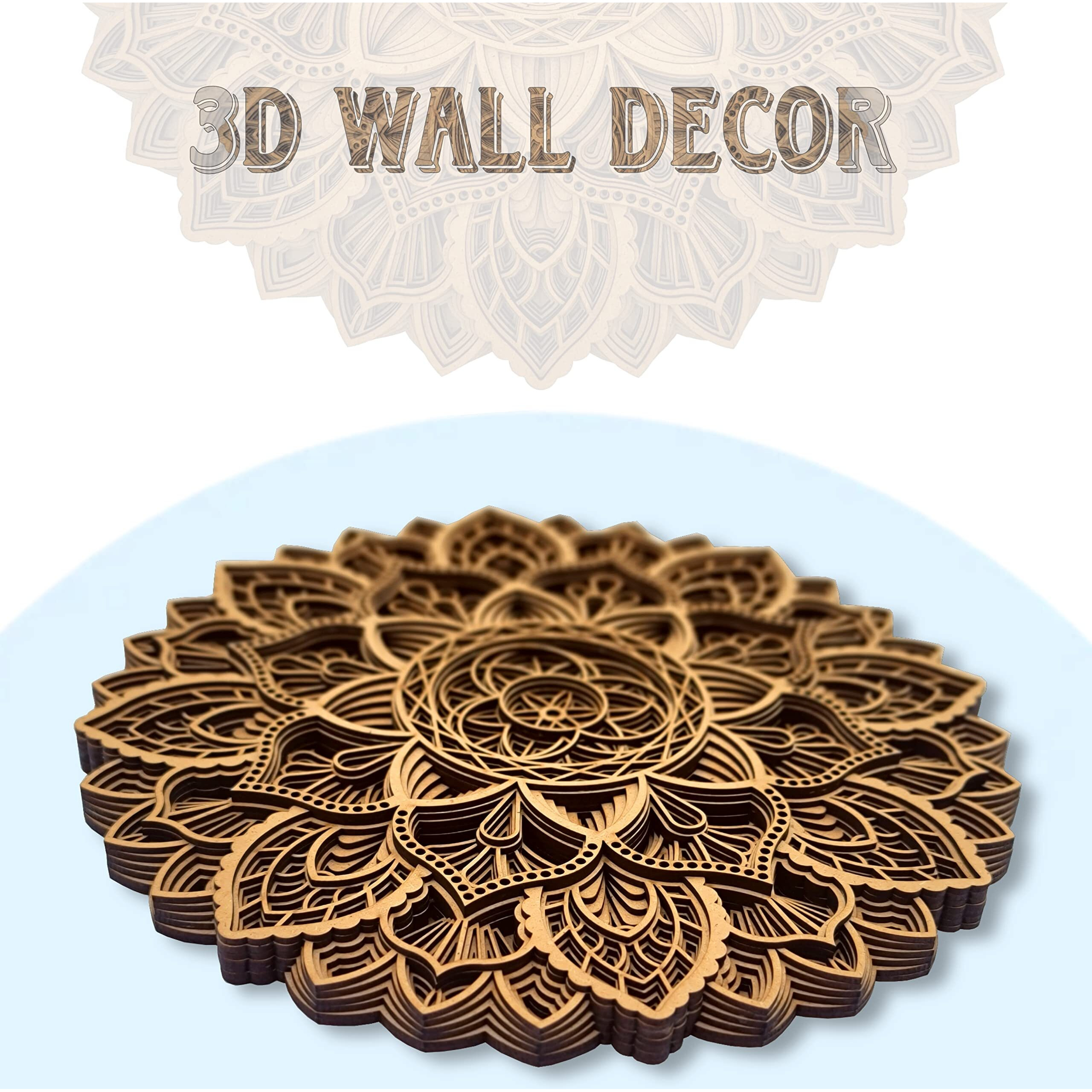 Gloridec Wooden 3D Laser Cut Decorative Mandala Wall Decor | Decorative Multi Layered Round Mandala Wall Art, Living Room Wall Hanging (Flower Mandala) (12" X 12" Inch)
