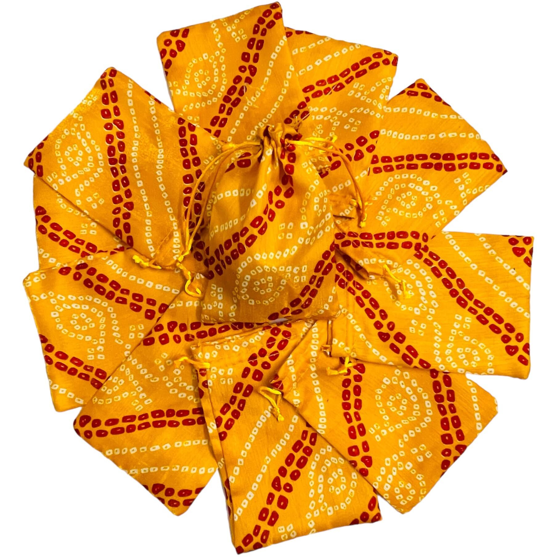 Krisah Pack Of 50 Pcs Potli Gift Pouches Bags, Small Size,18 Cm X 12 Cm, Bandhej Print, Yellow