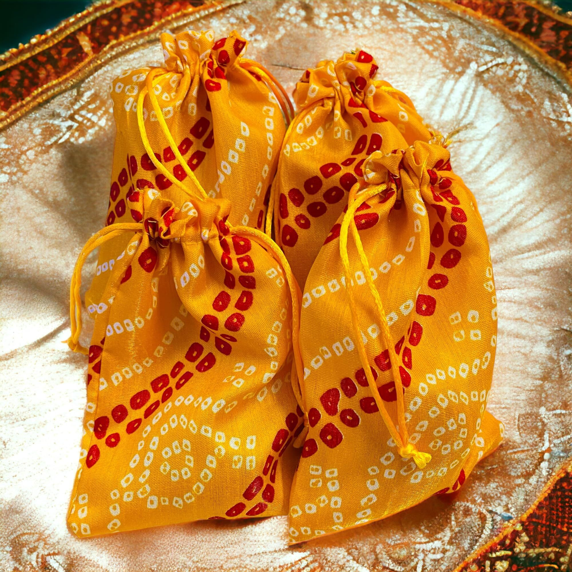 Krisah Pack Of 50 Pcs Potli Gift Pouches Bags, Small Size,18 Cm X 12 Cm, Bandhej Print, Yellow