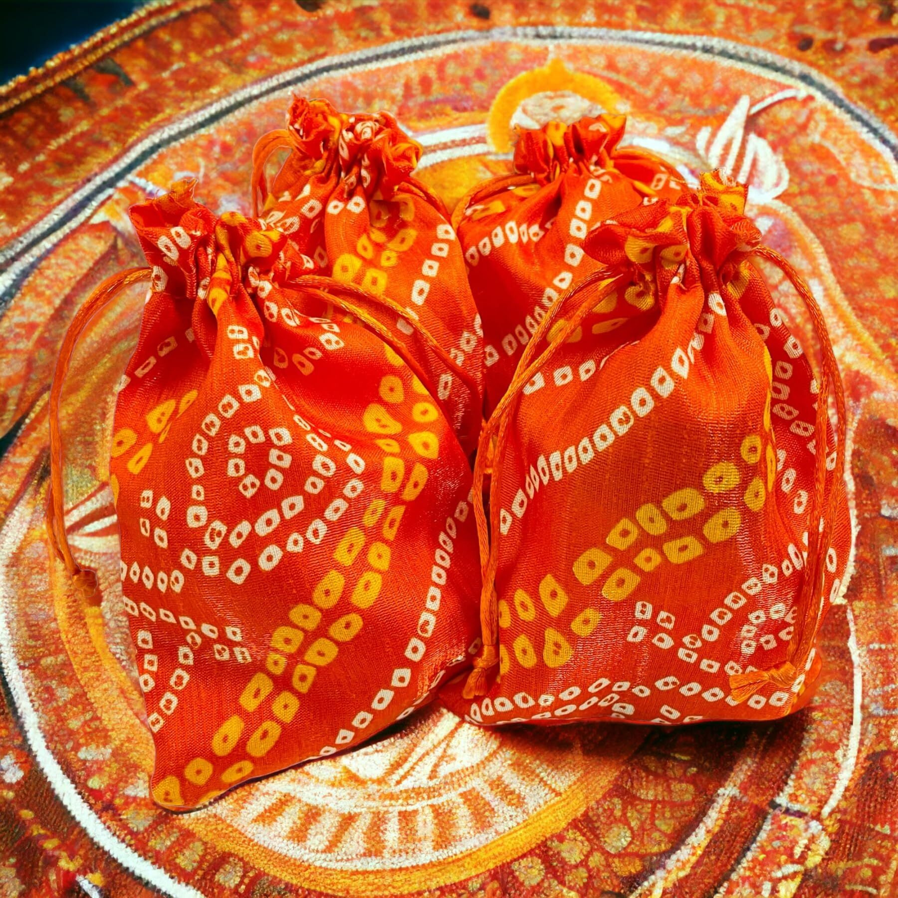 Krisah Pack Of 50 Pcs Potli Gift Pouches Bags, Small Size,18 Cm X 12 Cm, Bandhej Print, Orange