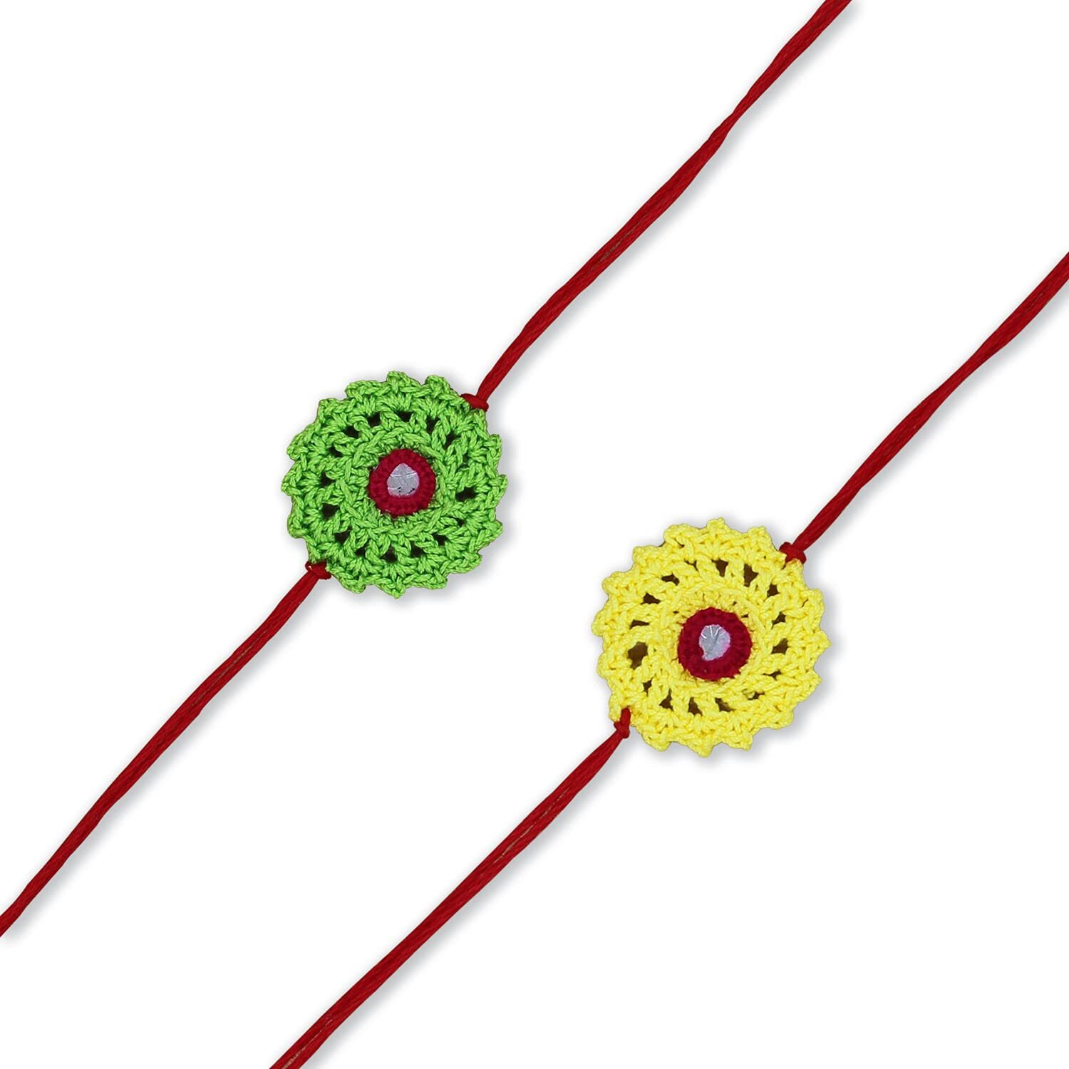 Prapti Handicrafts Unisex Adult Handmade Multicolour Crochet Rakhis For Brothers (Pack Of 2)