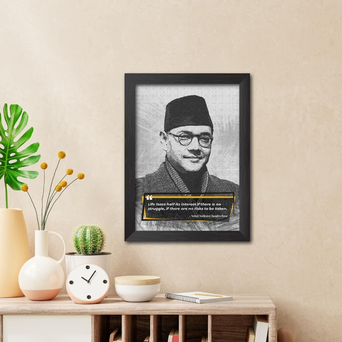 Tenorarts Netaji Subhas Chandra Bose Sketch Photo Frame With Motivational Quotes Laminated Poster Framed Painting With Dark Color Matt Finish Textures (12 Inches X 9 Inches)