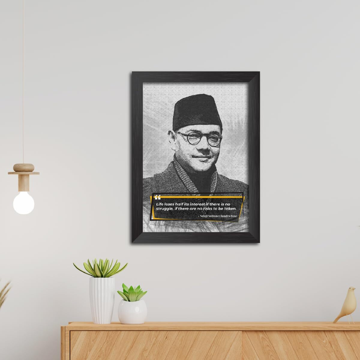 Tenorarts Netaji Subhas Chandra Bose Sketch Photo Frame With Motivational Quotes Laminated Poster Framed Painting With Dark Color Matt Finish Textures (12 Inches X 9 Inches)