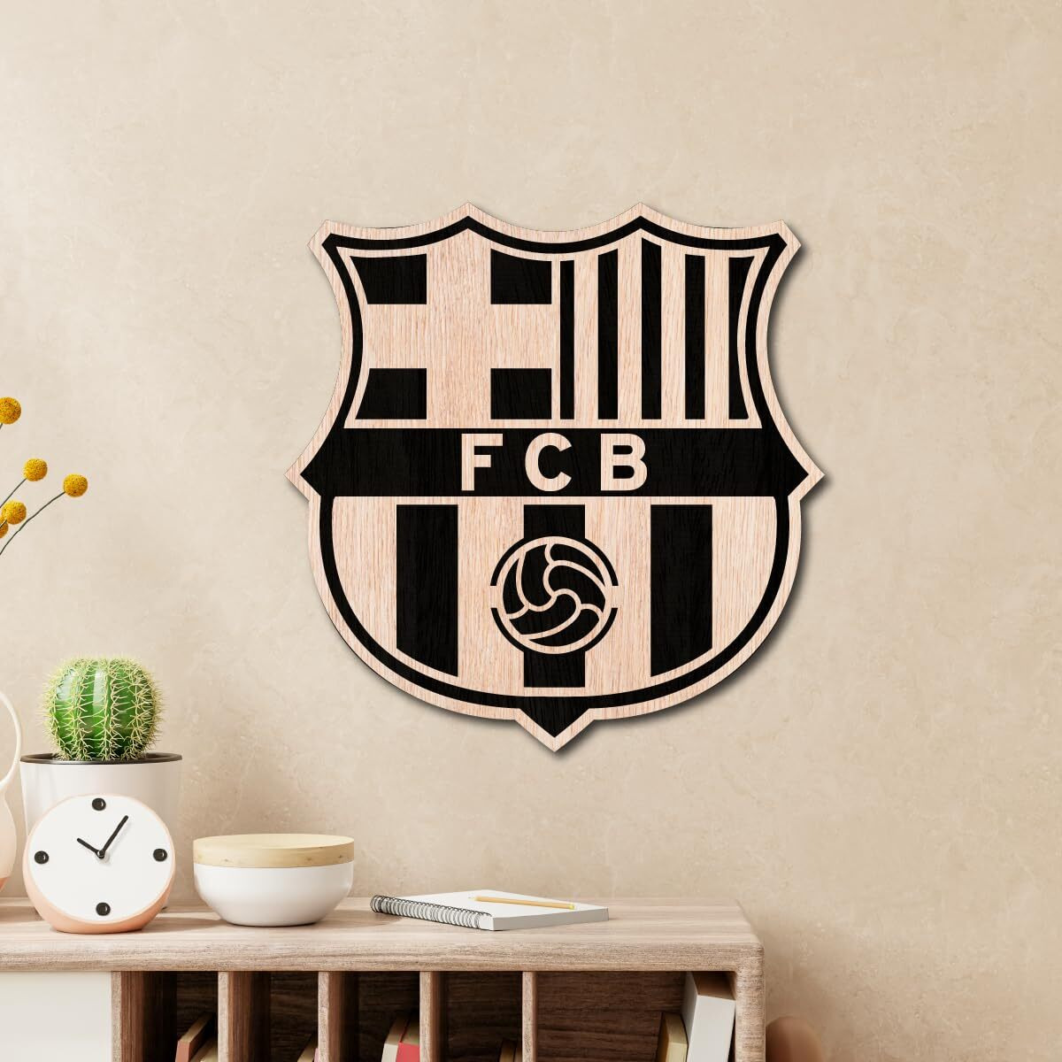 Tenorarts Fc Barcelona Merchandise Wooden Logo Crest Wall Hanging Accessories Decor Art Piece With Matt Finish Wooden Texture (12 Inches X 12 Inches)