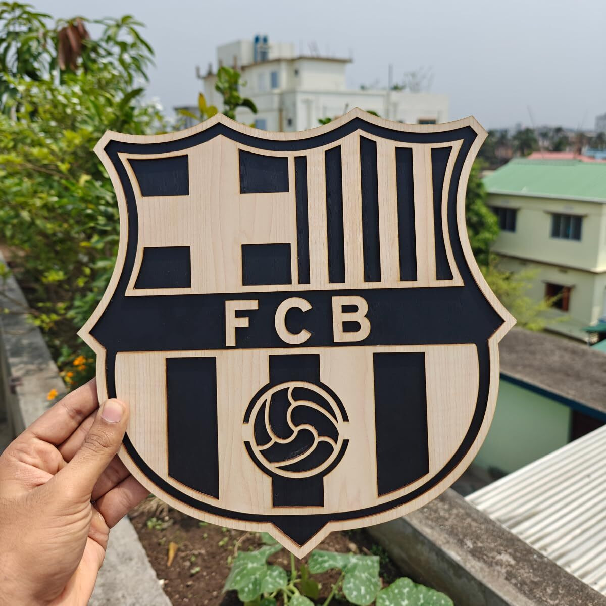 Tenorarts Fc Barcelona Merchandise Wooden Logo Crest Wall Hanging Accessories Decor Art Piece With Matt Finish Wooden Texture (12 Inches X 12 Inches)