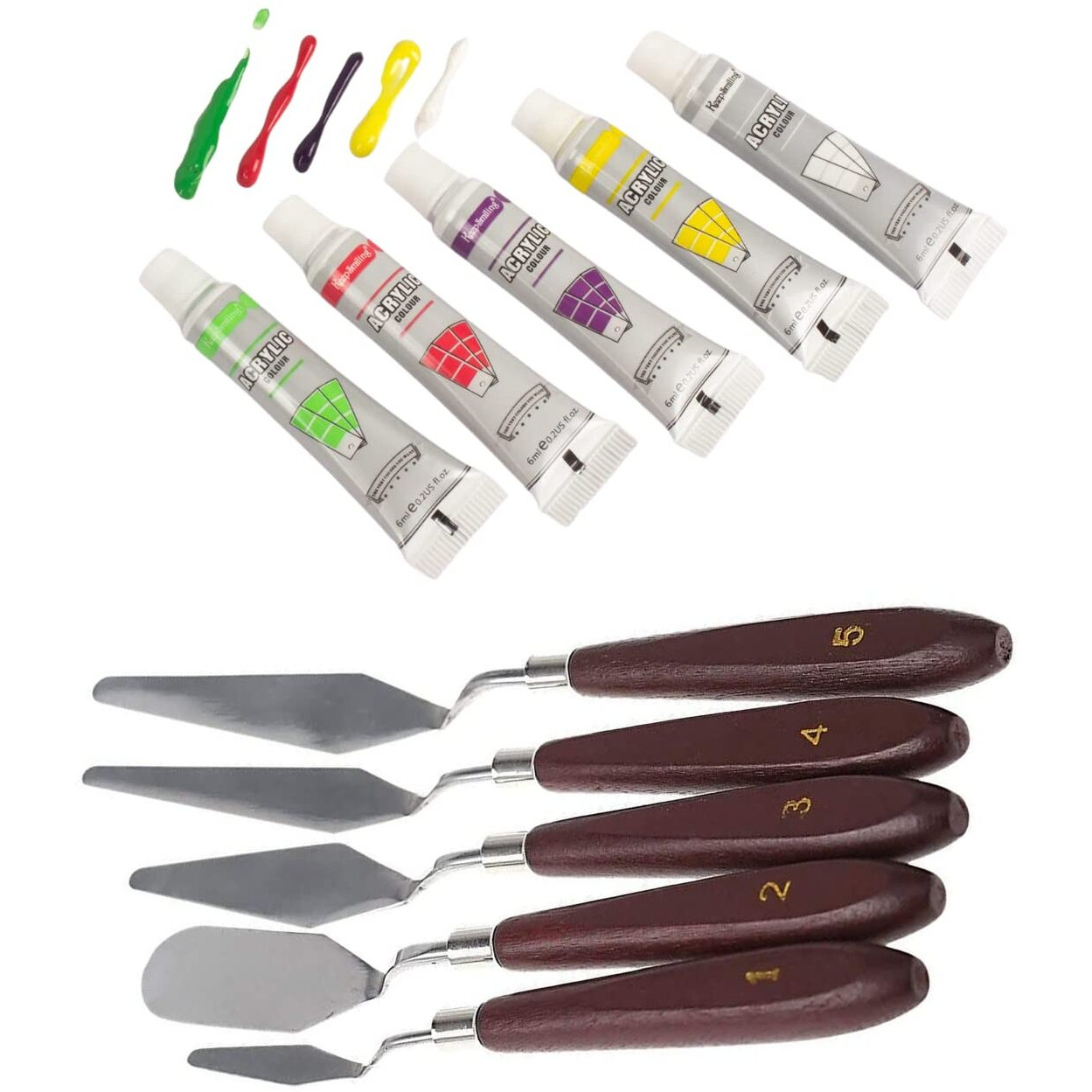 Icraft Set Of 5 Palette Painting Knives, Stainless Steel Scraper Spatula Polished Brown Handle For Artist Canvas With 12 X 6Ml Acrylic Color Box For Fine Art, Standard