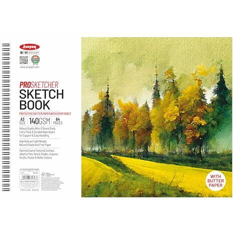 Anupam Pro Sketcher Drawing Book With Butter Paper Pages A3 Size Spiral-Bound Sketchpad 140 Gsm For Artists, Kids & Professionals (32 Sheets, 64 Pages)