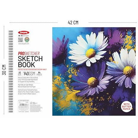 Anupam Pro Sketcher Drawing Book With Butter Paper Pages A3 Size Spiral-Bound Sketchpad 140 Gsm For Artists, Kids & Professionals (32 Sheets, 64 Pages)