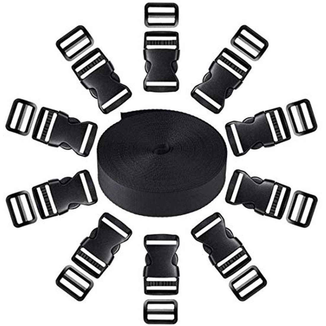 Diy Crafts Design  No 2, Pack Of 10 Pcs, Quick Release Buckle Set & Tri-Glide Adjustment Clips With 11 Meter Black Webbing Ribbon W (Design  No 2, Pack Of 10 Pcs)