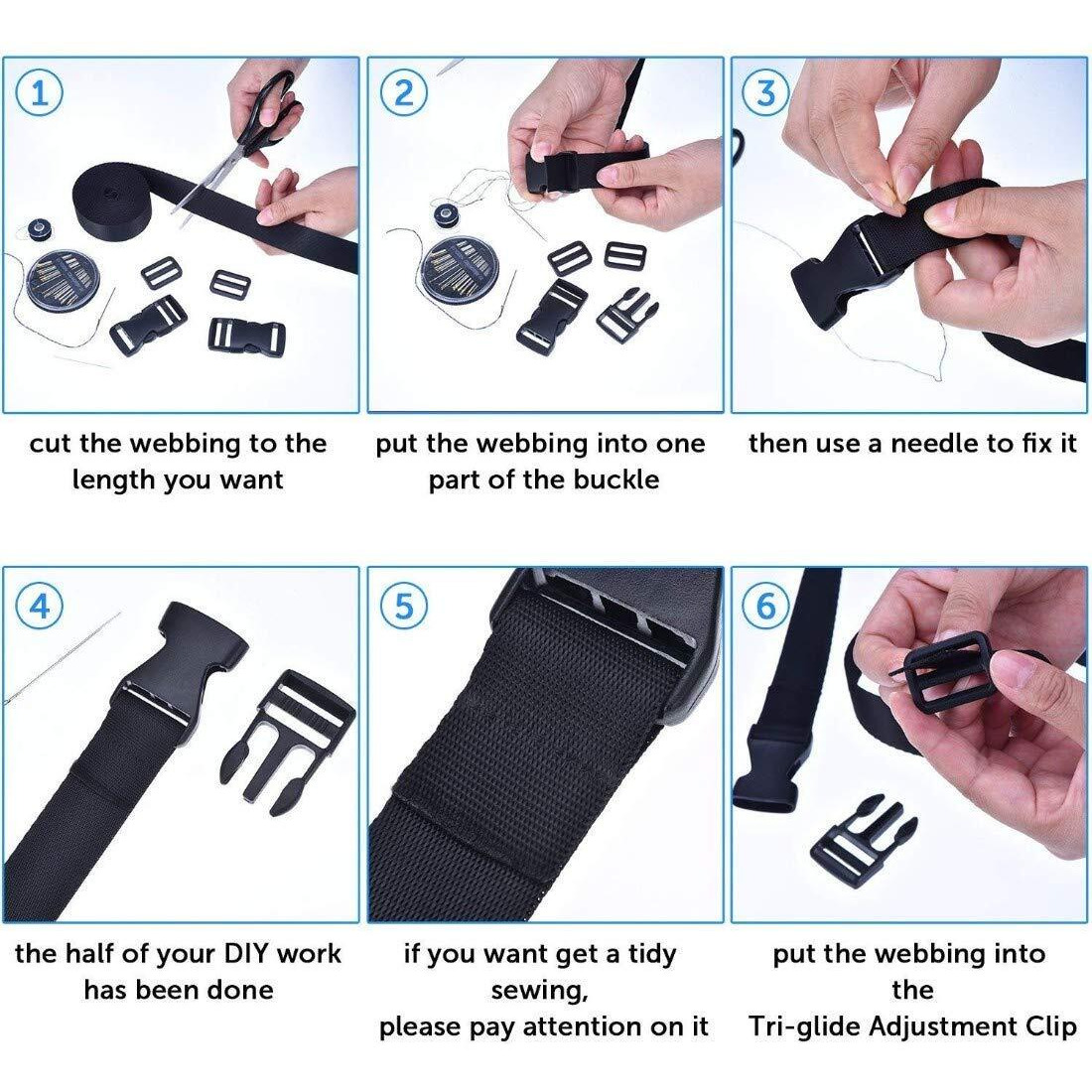 Diy Crafts Design  No 2, Pack Of 10 Pcs, Quick Release Buckle Set & Tri-Glide Adjustment Clips With 11 Meter Black Webbing Ribbon W (Design  No 2, Pack Of 10 Pcs)