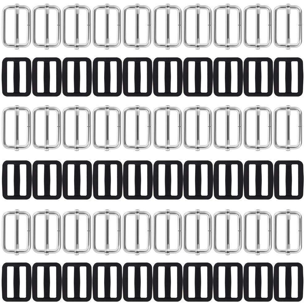 Diy Crafts 1" Inch Metal & Plastic Tri-Glides Rectangle Adjustable Webbing Slider (Metal 30+30 Nylon 30, Pack Of 60 Pcs)
