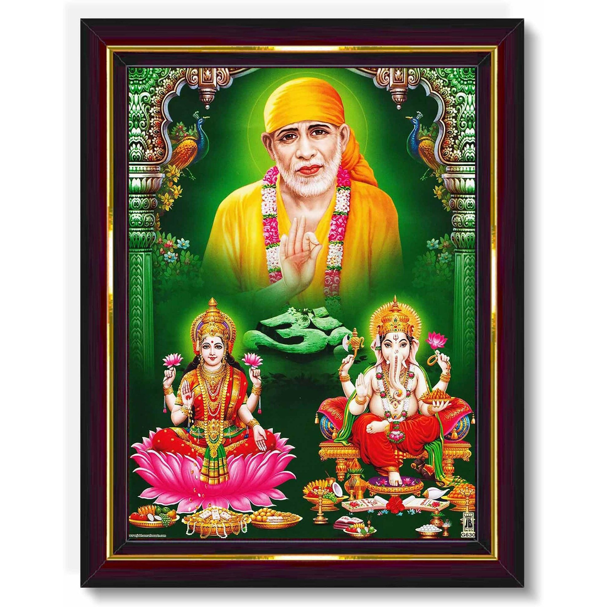 Pavan Photo Laminations Saibaba Sai Baba Goddess Lakshmi Devi Ganesha Wall Painting Framed Home Decor (Wood,Matte,Brown,Small Size,6 X 8 Inch) B390S