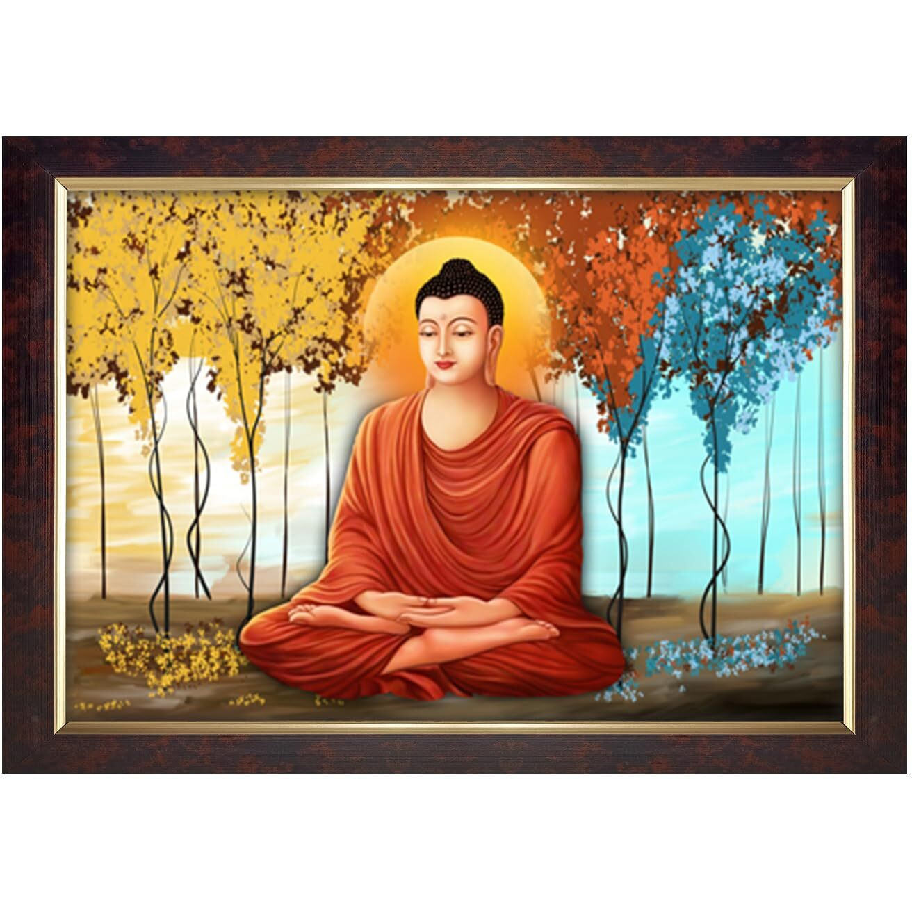 Dharvika Innovations Premium Sparkle Lamination Lord Buddha Paintings For Living Room With Copper Gold Frame 14X20 Inch Without Glass 21045