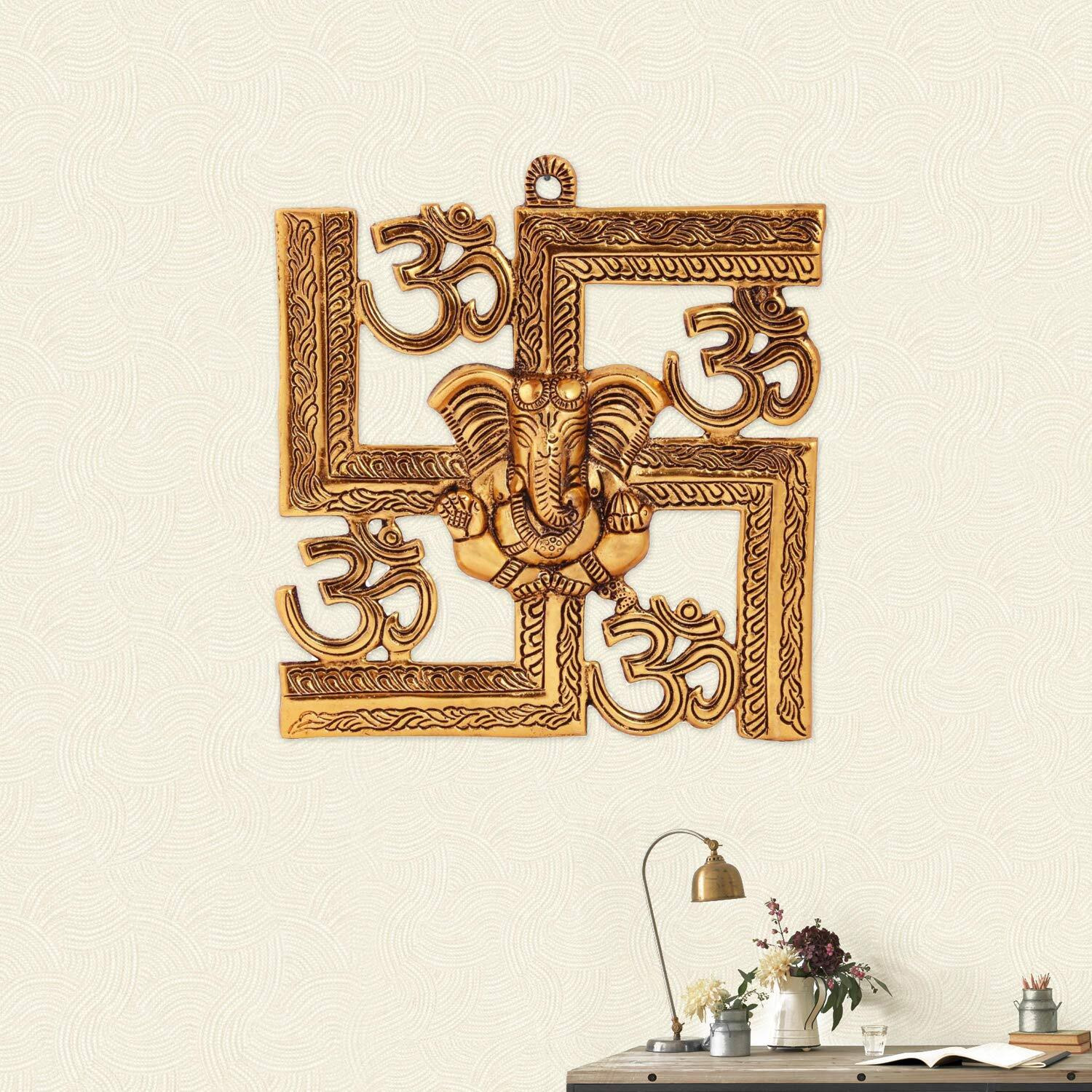 Handicrafts Paradise Wall Hanging Swastik With Om And Ganesh Motiff Antique Golden Finish 8 X 9 Inch