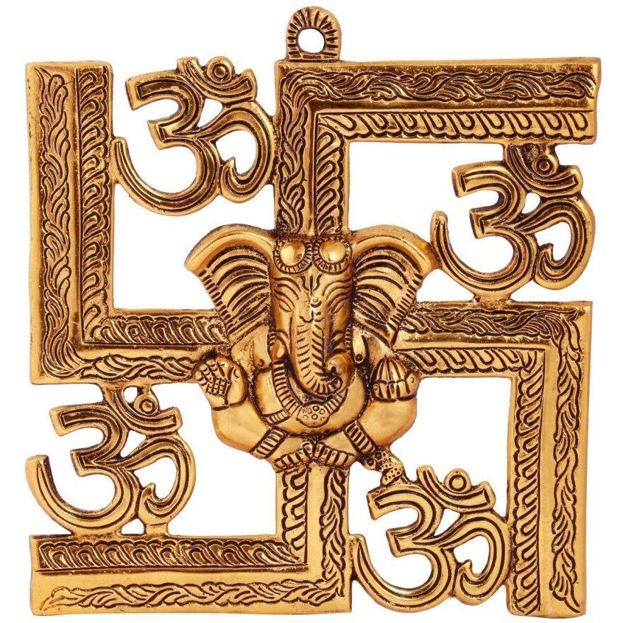 Handicrafts Paradise Wall Hanging Swastik With Om And Ganesh Motiff Antique Golden Finish 8 X 9 Inch