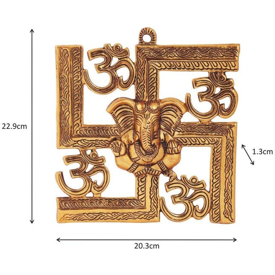 Handicrafts Paradise Wall Hanging Swastik With Om And Ganesh Motiff Antique Golden Finish 8 X 9 Inch