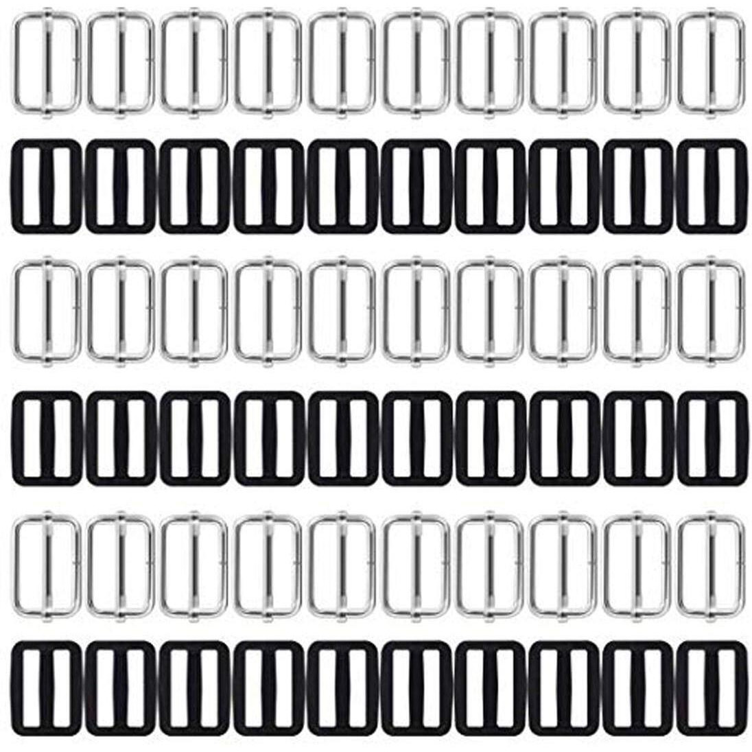Diy Crafts 1" Inch Metal & Plastic Tri-Glides Rectangle Adjustable Webbing Slider (60X Metal 30+30 Nylon 30 , Pack Of 60 Pcs)