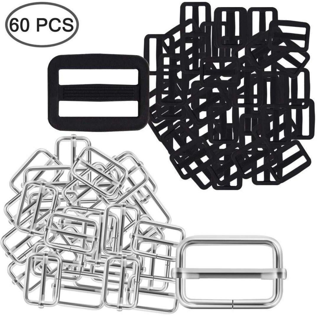 Diy Crafts 1" Inch Metal & Plastic Tri-Glides Rectangle Adjustable Webbing Slider (60X Metal 30+30 Nylon 30 , Pack Of 60 Pcs)